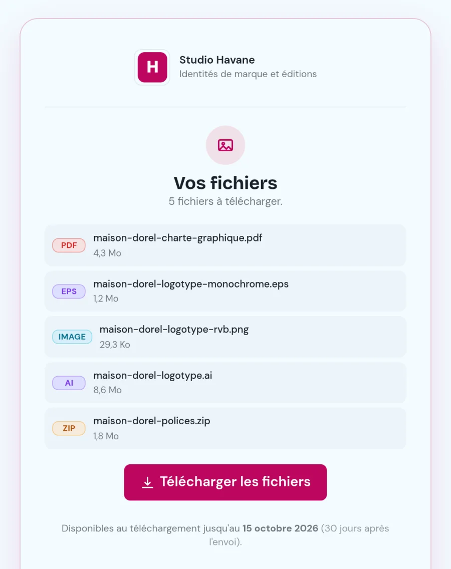 Page de livraison dans l'espace client : en-tête du Studio Havane à ses couleurs, titre « Vos fichiers », cinq fichiers livrés et le bouton de téléchargement.