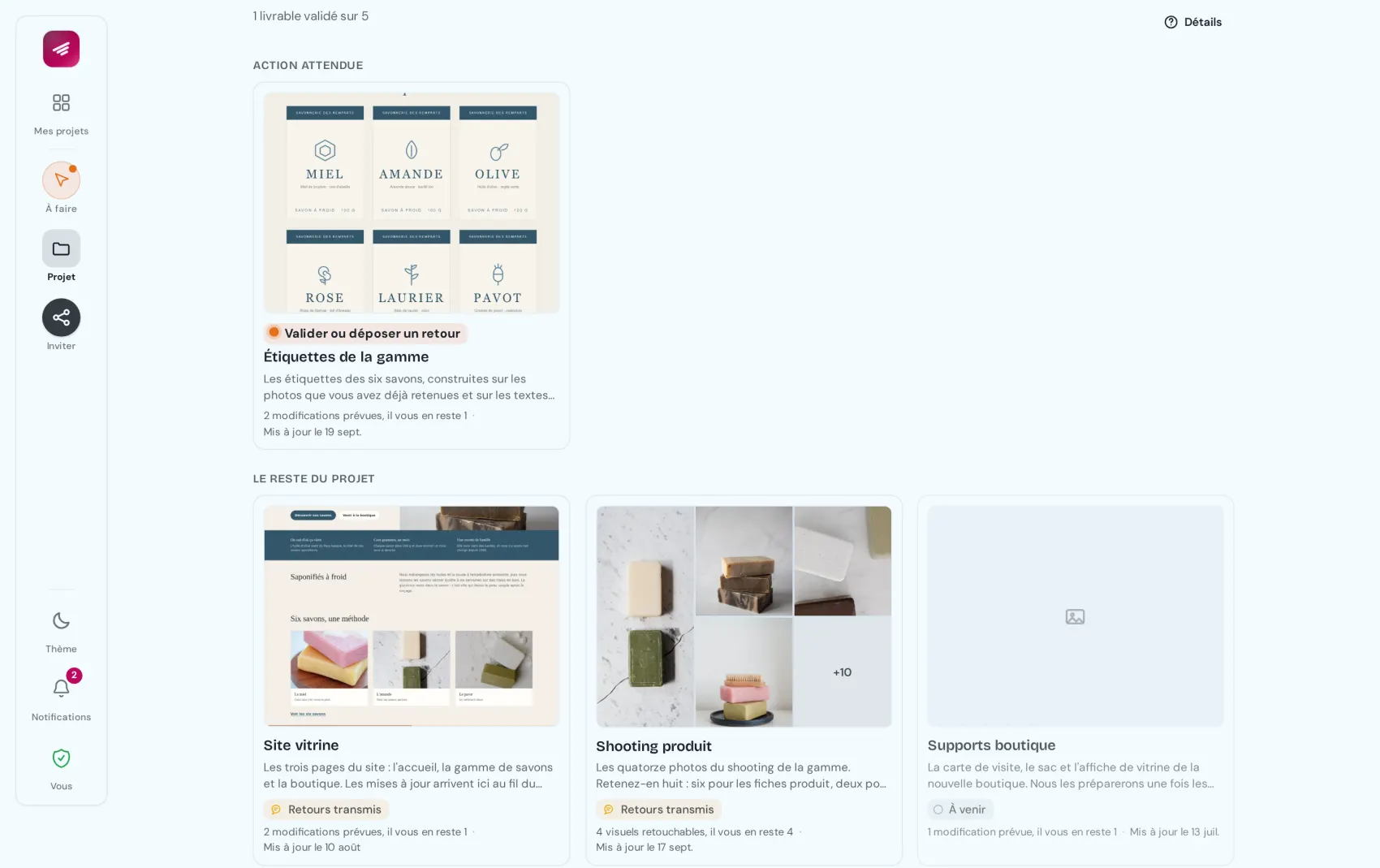 La page d'un projet vue par le client : d'abord le livrable qui attend son action, les étiquettes de la gamme, puis le reste du projet, avec le site vitrine et le shooting produit, qui ont déjà reçu ses retours, et les supports boutique, encore à venir.