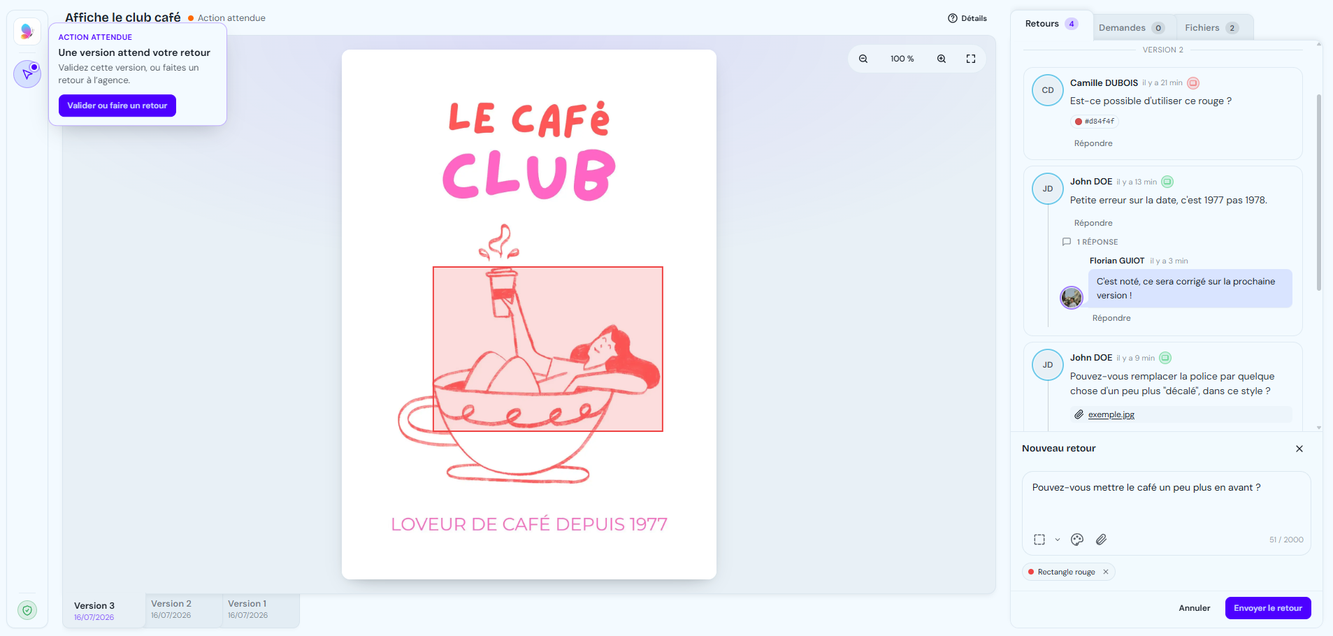 Aperçu de l'espace projet Blummy : présentation d'une version avec les retours et la validation client