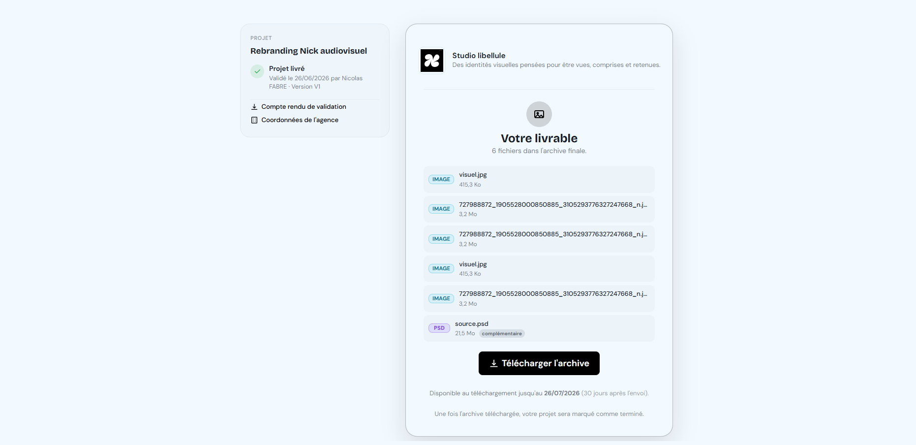 Page de livraison finale avec les fichiers sources